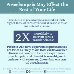 Download for Instagram Preeclampsia May Effect the Rest of Your Life: Incidents of preeclampsia are linked with higher rates of cardiovascular disease, stroke, and arterial disease. Patients who have experienced preeclampsia are twice as likely to die from cardiovascular disease as those who have not experienced preeclampsia, and this risk is even higher in patients with recurrent (more than one case of) preeclampsia. Reference: ACOG Bulletin on Gestational Hypertension & Preeclampsia