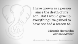 Download for Facebook or Twitter I have grown as a person since the death of my son...But I would give up everything I’ve gained to have not had a reason to. -Miranda Hernandez Adrian's Mother