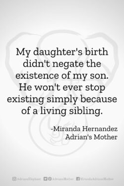 Download or click "P"/Save
button to post to Pinterest My daughter's birth didn't negate the existence of my son. He won't ever stop existing simply because of a living sibling. -Miranda Hernandez, Adrian's Mother