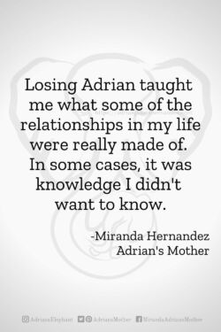 Download or click "P"/Save
button to post to Pinterest Losing Adrian taught me what some of the relationships in my life were really made of. In some cases, it was knowledge I didn't want to know. -Miranda Hernandez, Adrian's Mother
